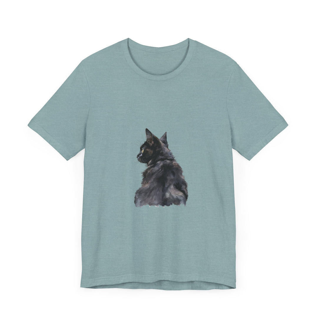 A close-up watercolor illustration of a mysterious black cat on a black t-shirt