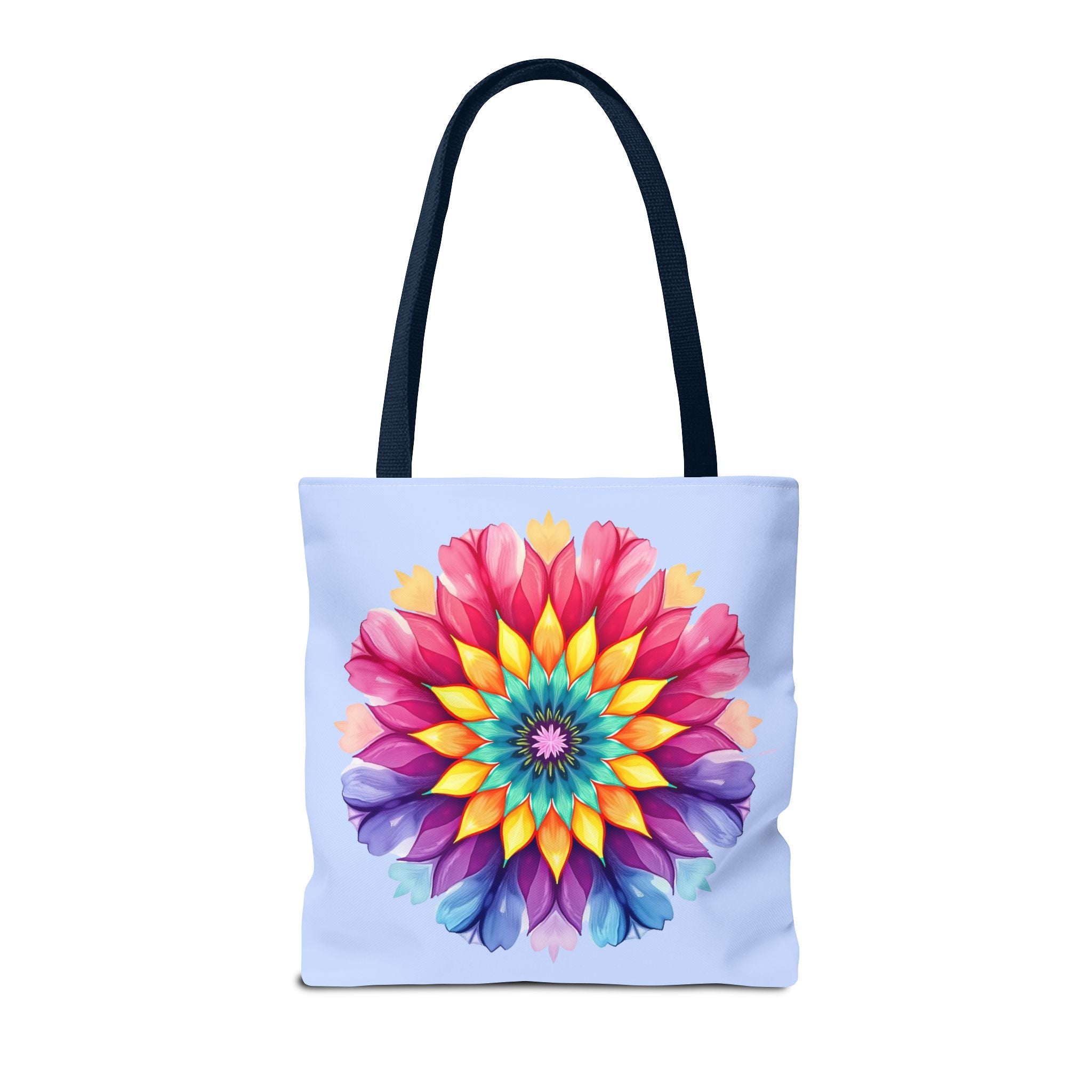 Colorful and intricate rainbow mandala pattern tote bag, perfect for carrying all your essentials in style