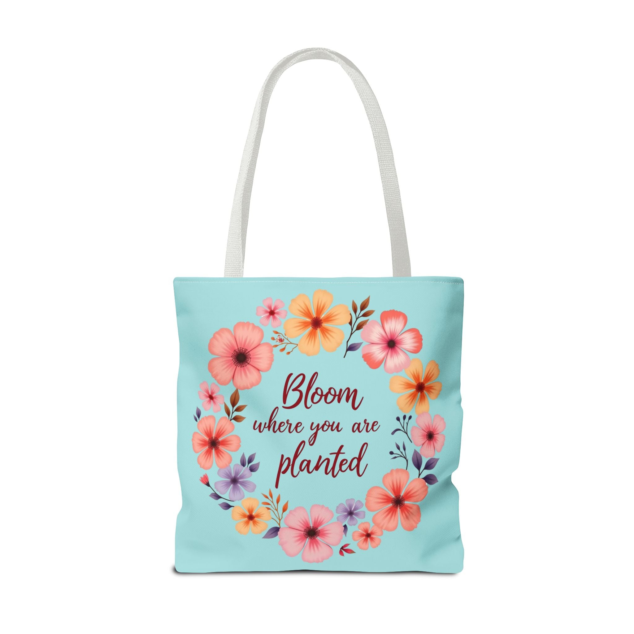 Stylish and functional floral tote bag with the inspiring quote 'Bloom Where You Are Planted' available in 3 different sizes