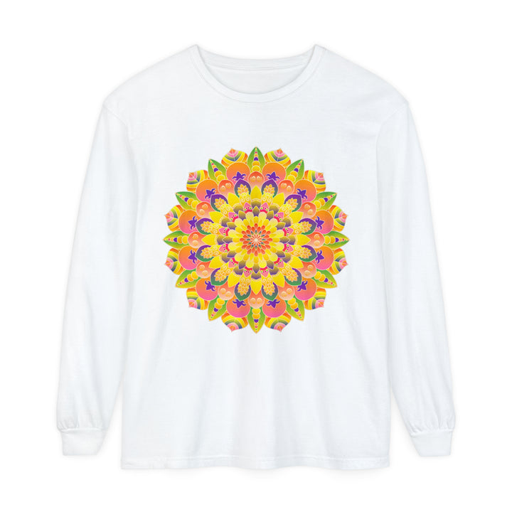 Colorful and intricate mandala design featured on a unisex long sleeve T-shirt