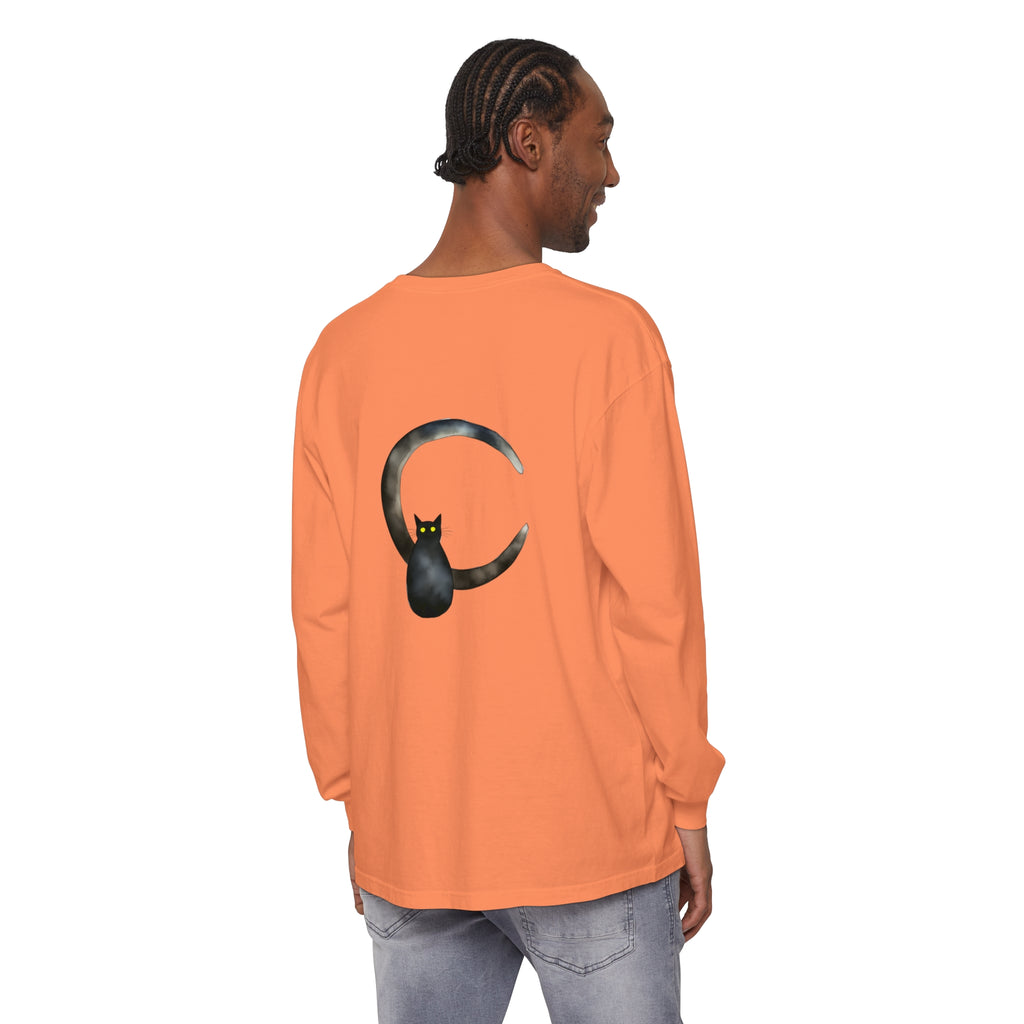 Black Cat Crescent Moon T-Shirt - a stylish and spooky graphic tee featuring a black cat sitting on a crescent moon against a starry sky backdrop, perfect for Halloween or cat lovers