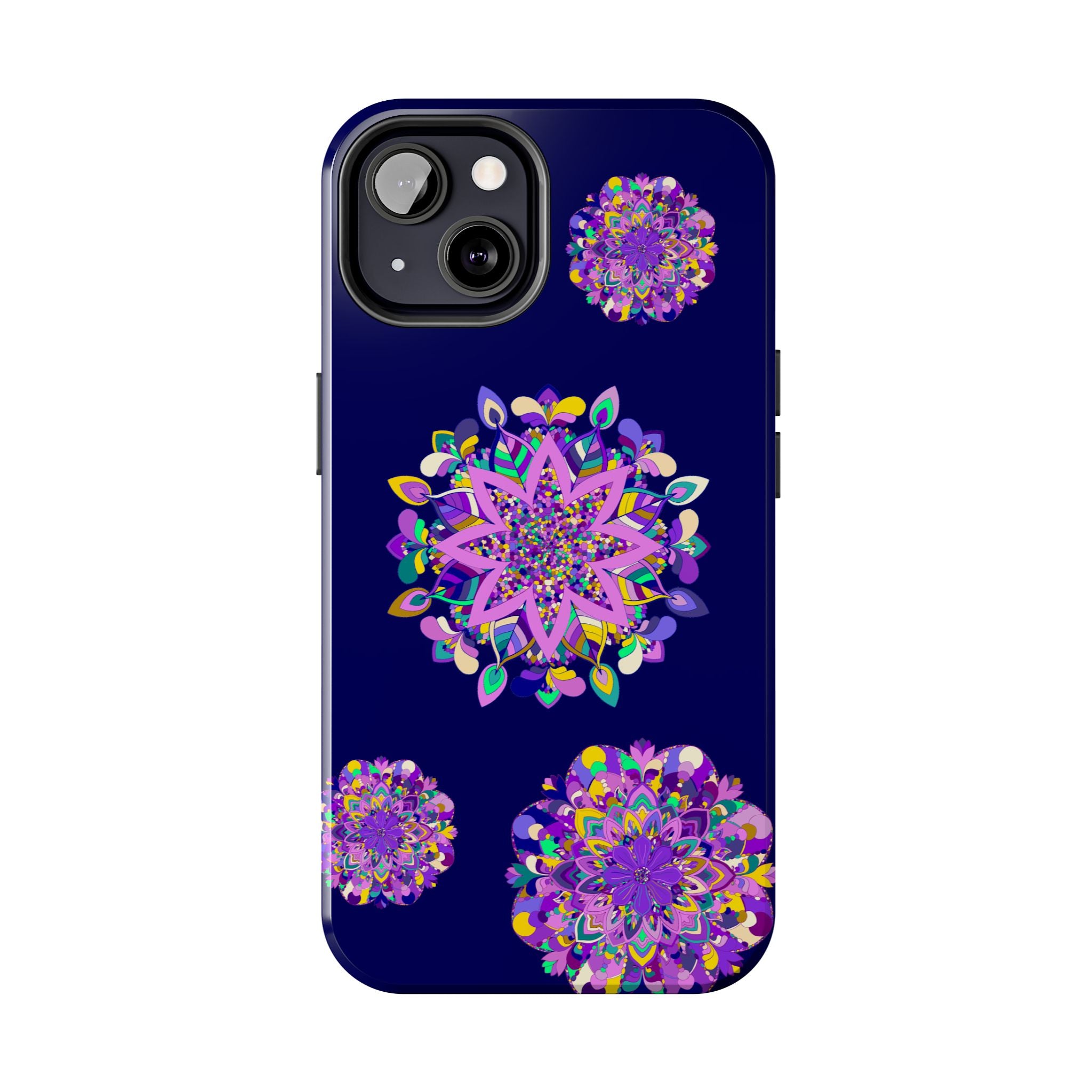 Hand drawn mandala art phone case in purple shades, durable, and shock absorbent, ideal for protecting your phone with a unique and stylish design