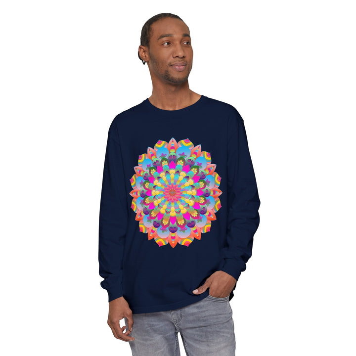 Close-up of colorful mandala long sleeve t-shirt featuring intricate patterns