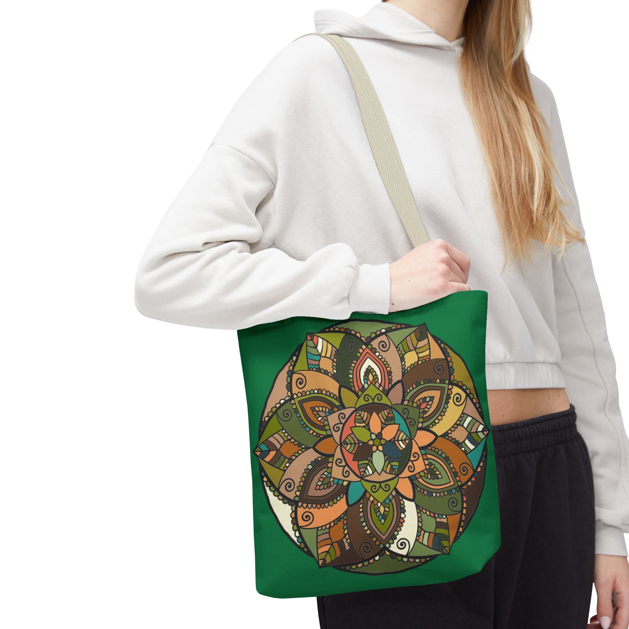Boho Mandala Tote Bag — Green Floral Pattern AOP Shopper