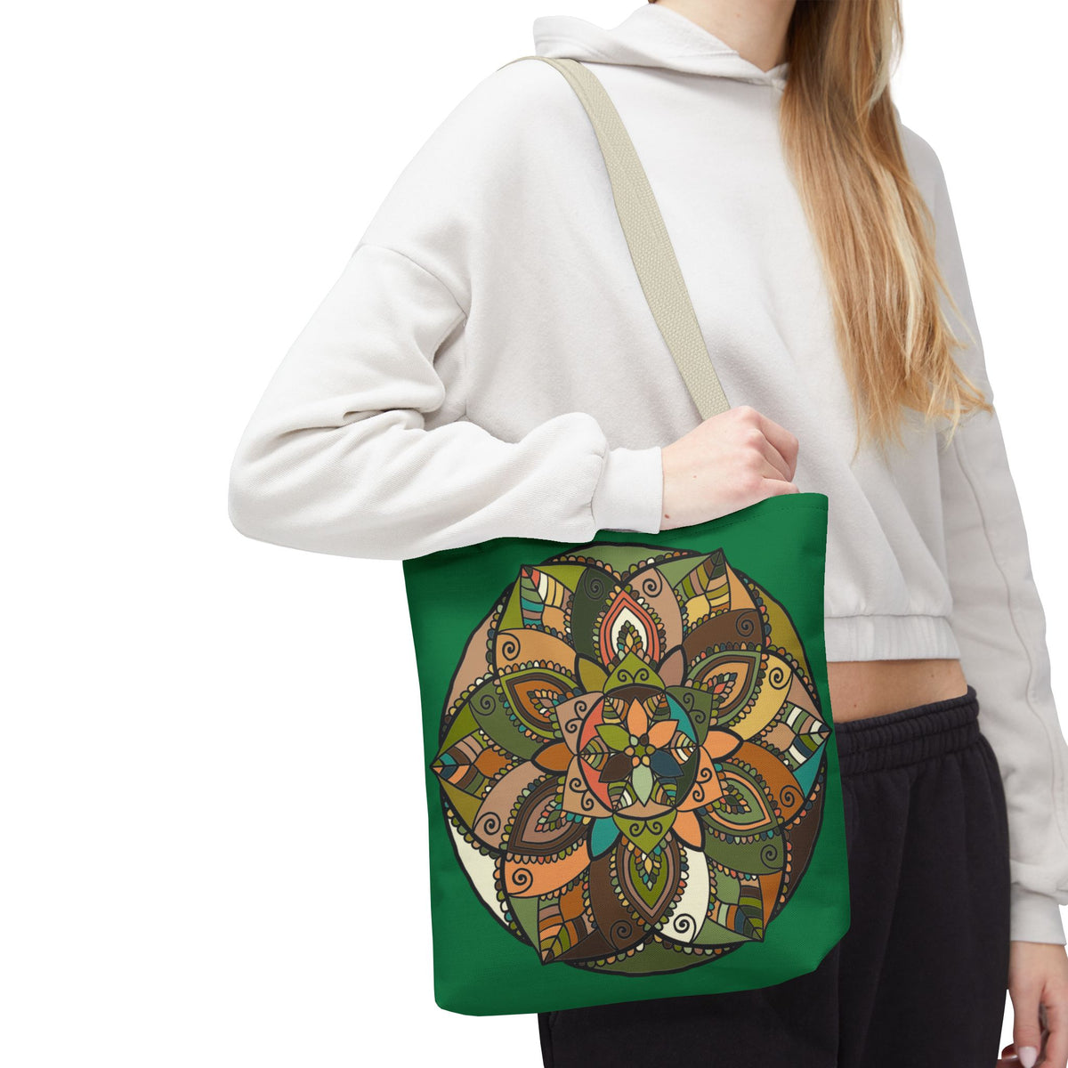 Boho Mandala Tote Bag — Green Floral Pattern AOP Shopper