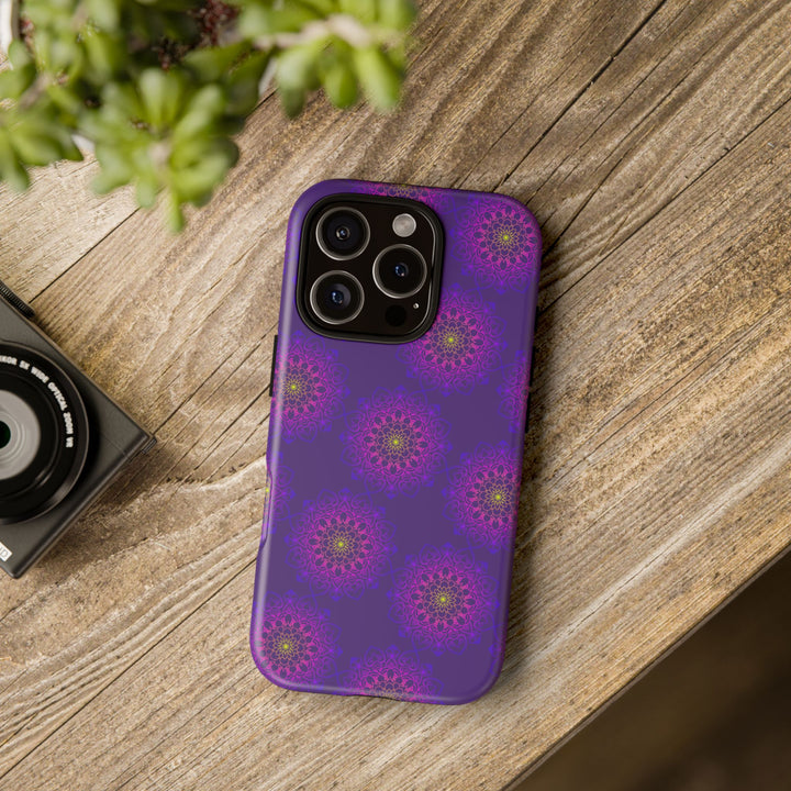 Intricate Purple Floral iPhone Case with Bold Mandala Design