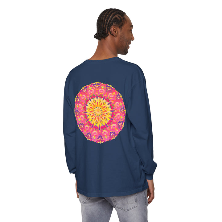 Colorful and intricate mandala design on a unisex long sleeve t-shirt