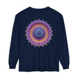 A close-up image of a detailed and colorful mandala design featured on a unisex long sleeve t-shirt