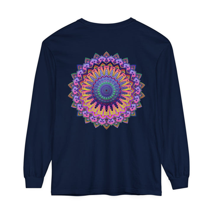 A close-up image of a detailed and colorful mandala design featured on a unisex long sleeve t-shirt