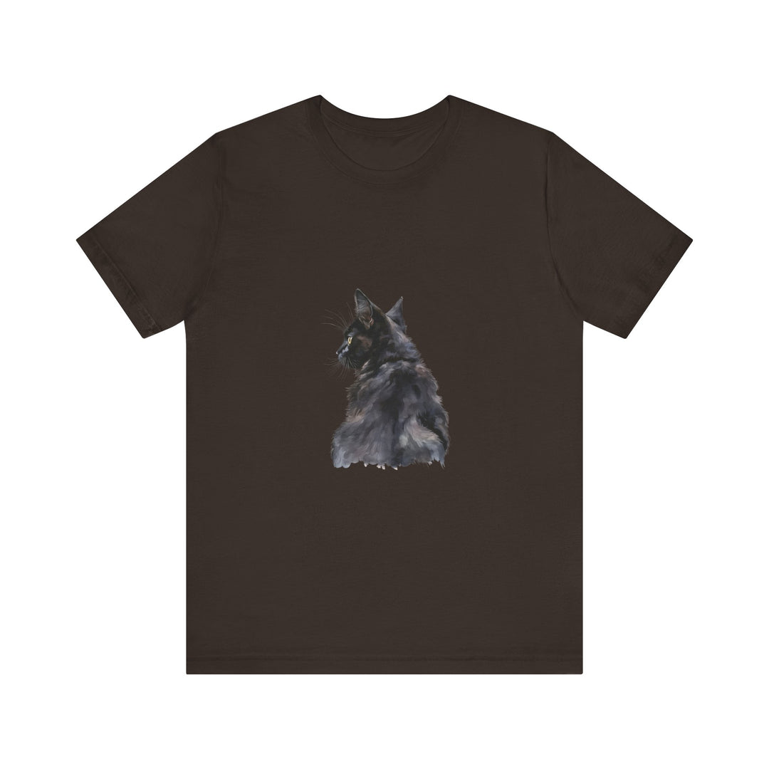 Beautiful and intricate watercolor illustration of a mysterious black cat on a comfortable and stylish tee