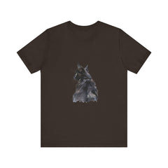 Beautiful and intricate watercolor illustration of a mysterious black cat on a comfortable and stylish tee