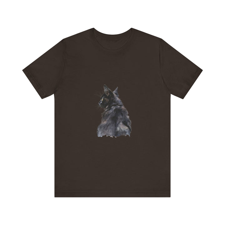 Beautiful and intricate watercolor illustration of a mysterious black cat on a comfortable and stylish tee