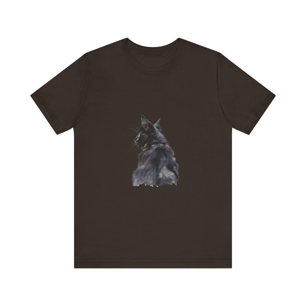 Beautiful and intricate watercolor illustration of a mysterious black cat on a comfortable and stylish tee