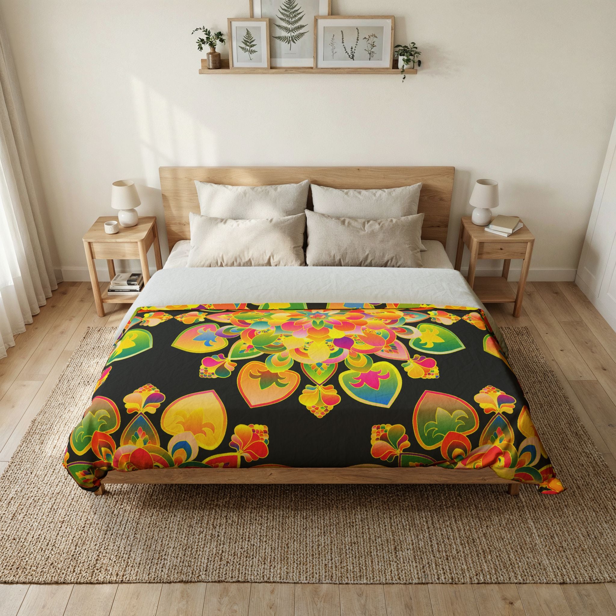 Copripiumino in cotone con motivo mandala floreale boho — Cuori arcobaleno vivaci su nero