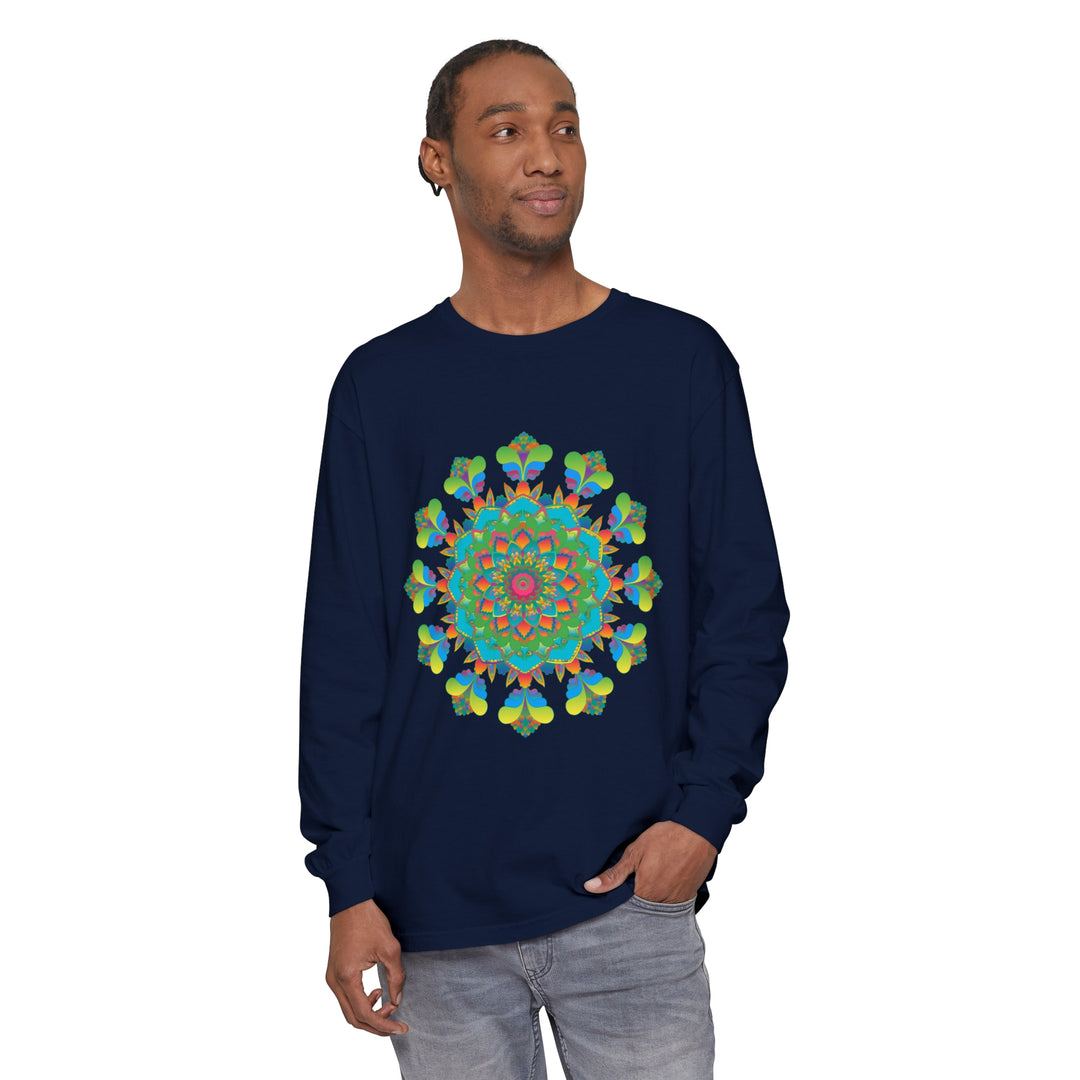 Colorful psychedelic mandala tie dye long sleeve t-shirt on white background