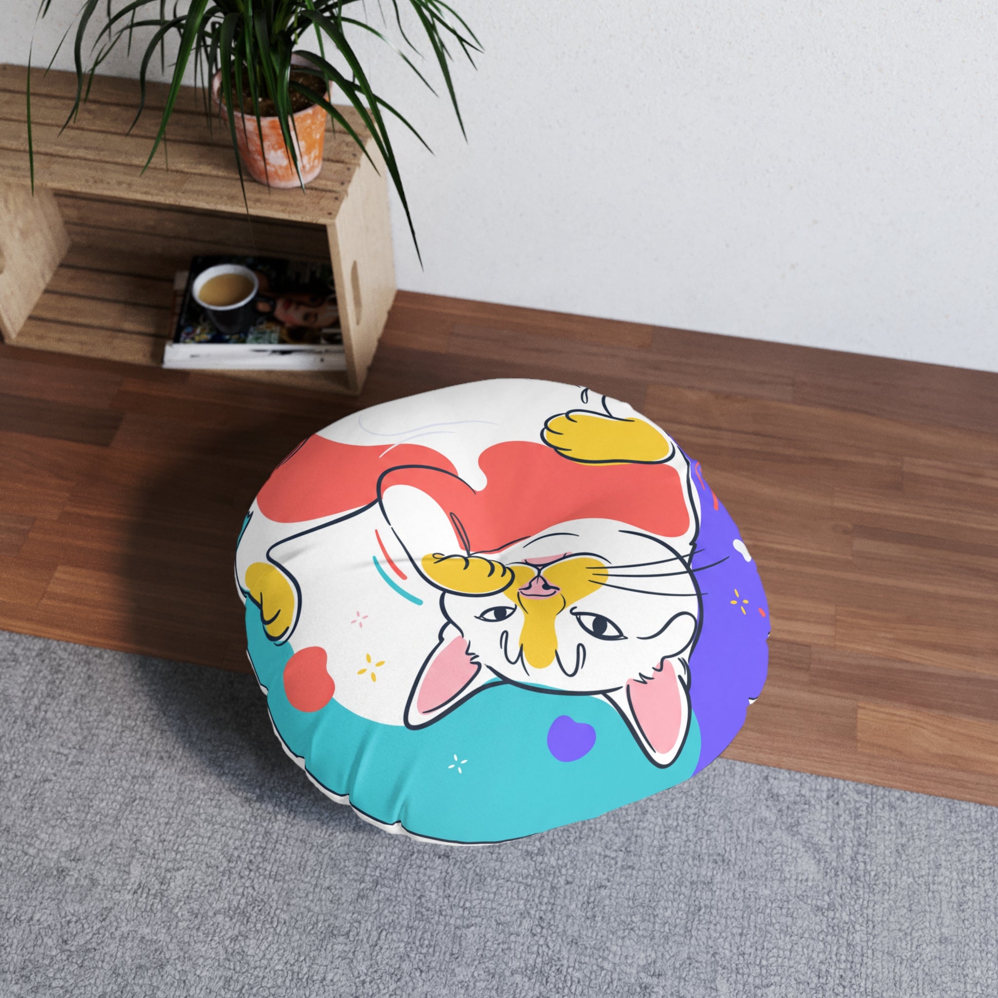 Curling Cat Floor Pillow — Cute Round Cushion