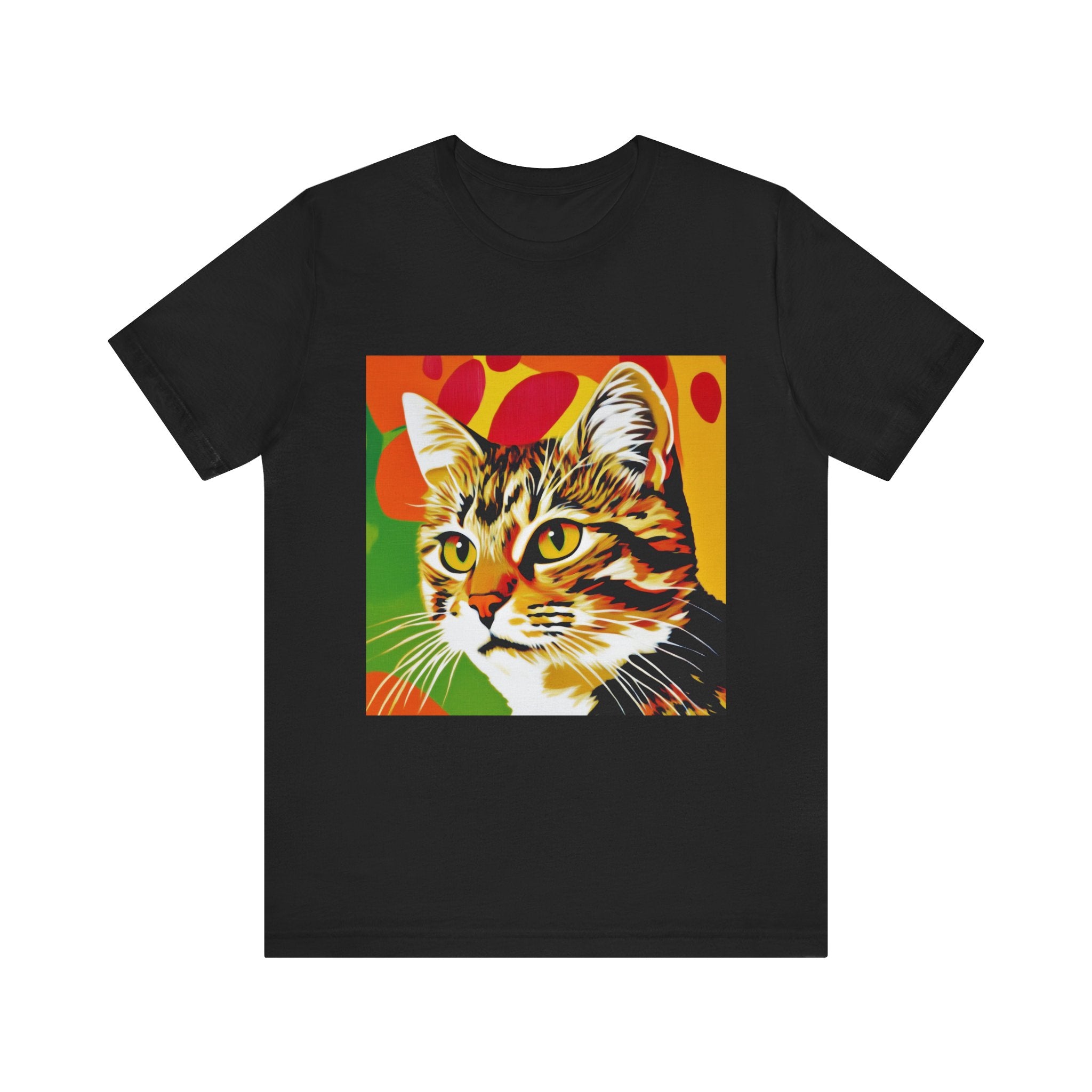 Colorful short sleeve tee featuring a vibrant pop art design of a tabby cat