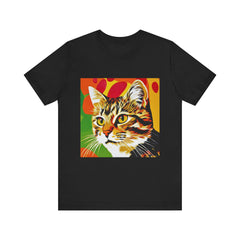 Colorful short sleeve tee featuring a vibrant pop art design of a tabby cat