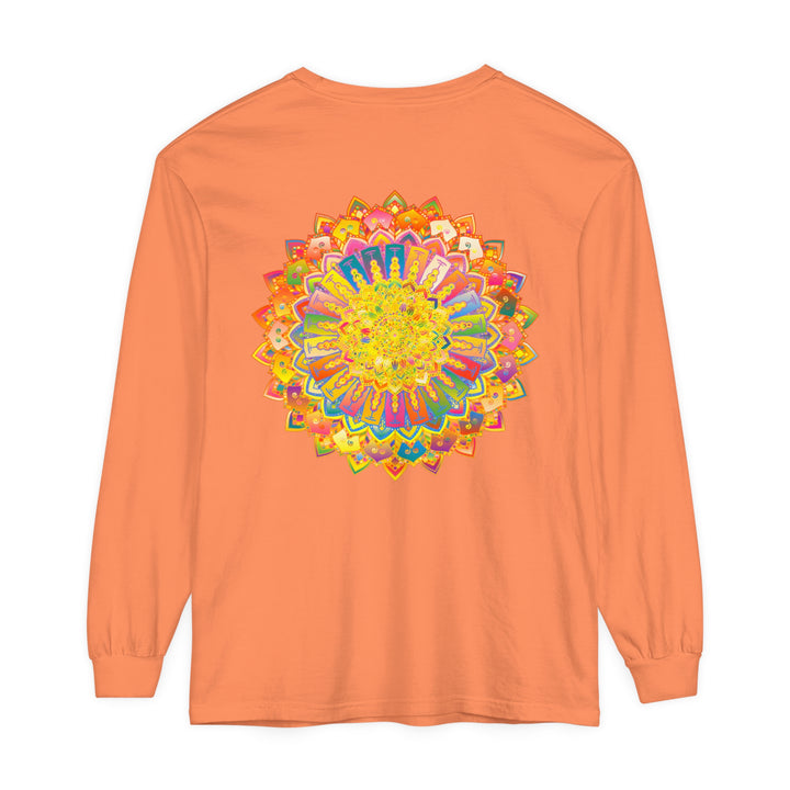 A close-up image of a colorful, intricate mandala design on a unisex long sleeve t-shirt