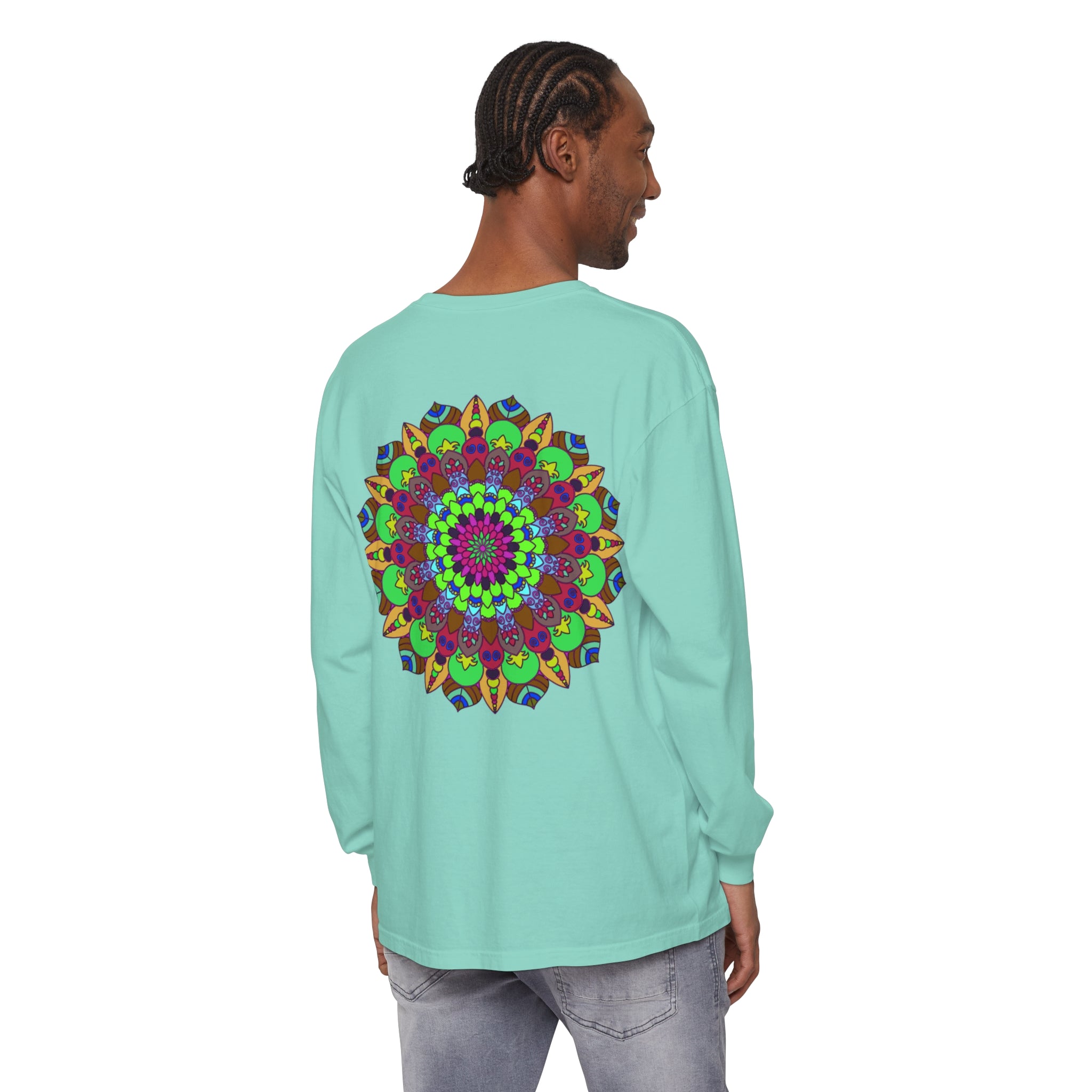 Vibrant and intricate mandala design long sleeve unisex t-shirt in various colors