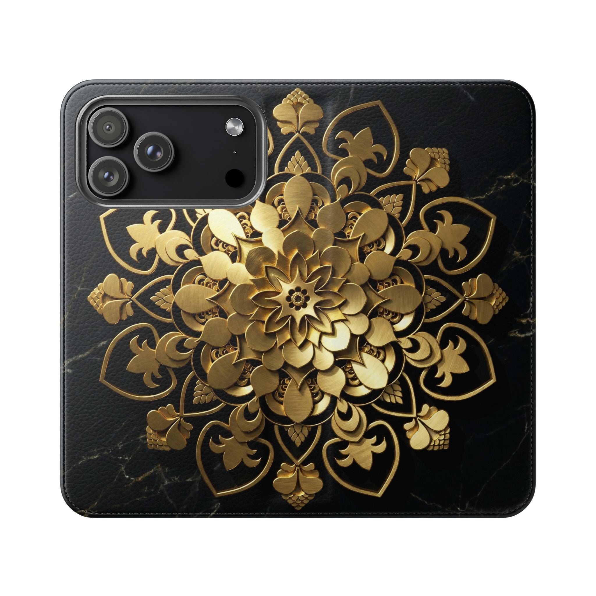 Gold Mandala Flip Phone Case – Luxury Floral Wallet Cover