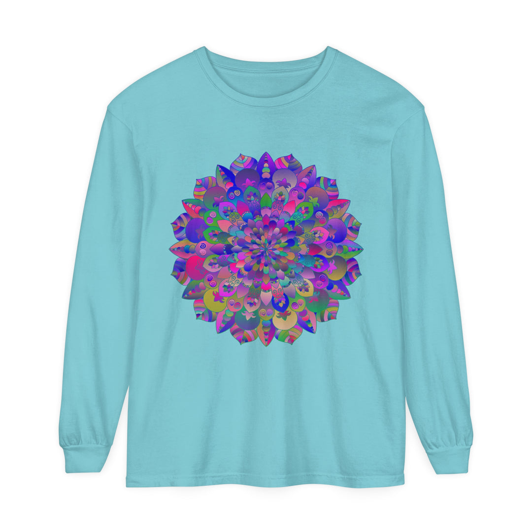 Colorful and intricate mandala design long sleeve t-shirt perfect for casual and vibrant fashion statement