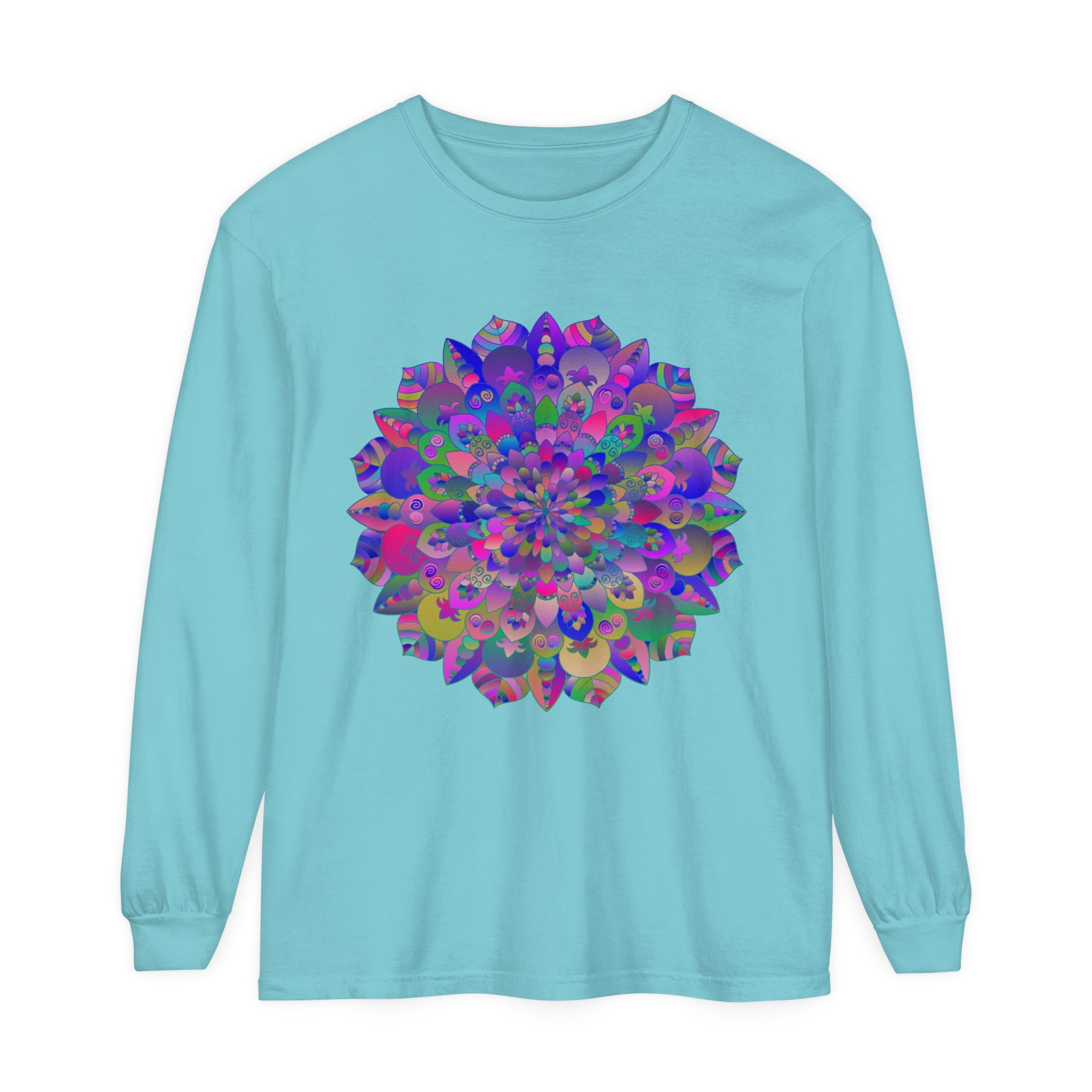 Colorful and intricate mandala design long sleeve t-shirt perfect for casual and vibrant fashion statement