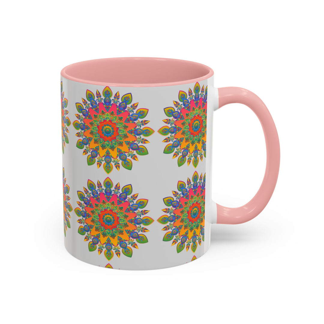 A beautiful, hand-painted mandala design adorns this colorful ceramic mug