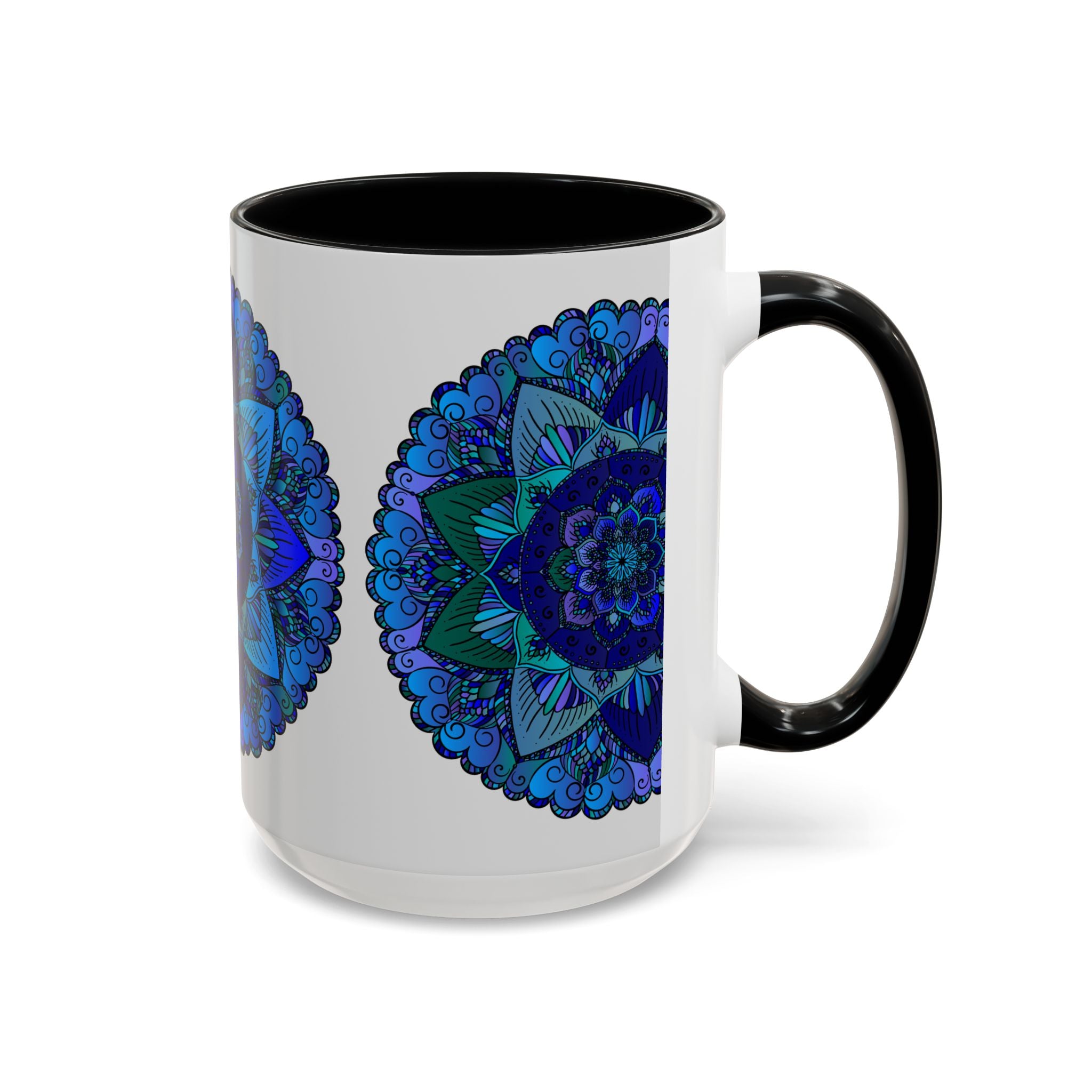 A beautifully handcrafted blue and purple mandala mug featuring bohemian art