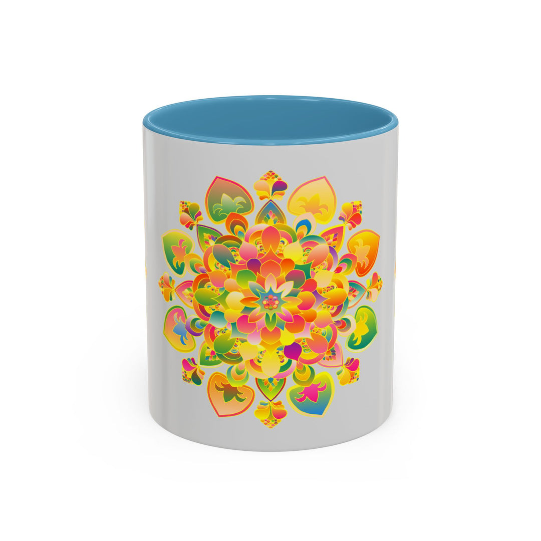 Colorful floral mandala design on ceramic coffee mug with intricate details