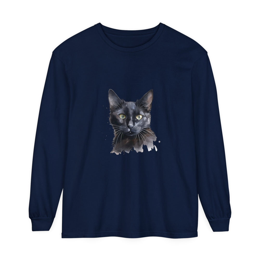 A watercolor illustration of a mystical black cat on a long sleeve t-shirt