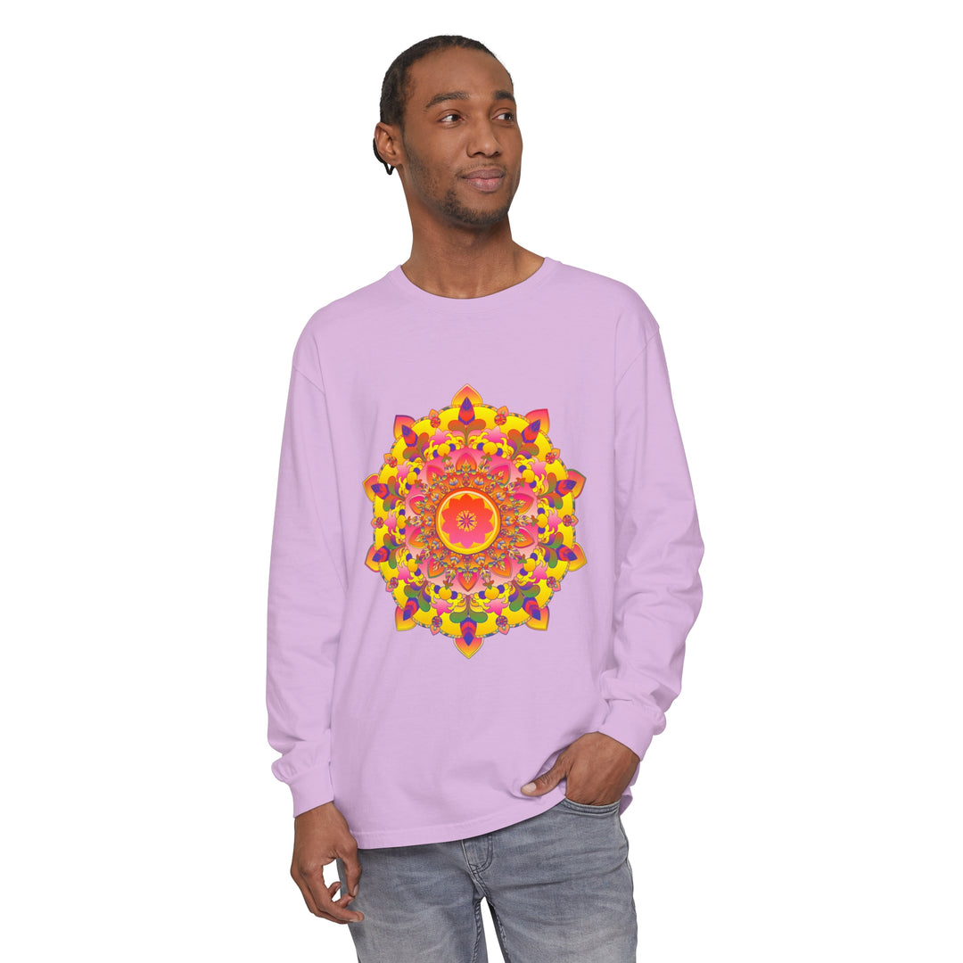 Colorful and intricate mandala design featured on unisex long sleeve t-shirt