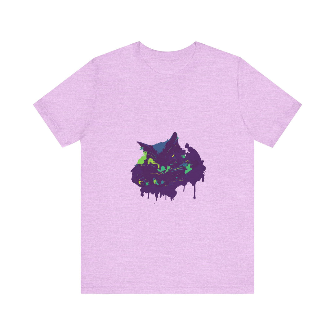 A vibrant and dynamic Black Cat Mystery T-shirt featuring colorful paint splatters