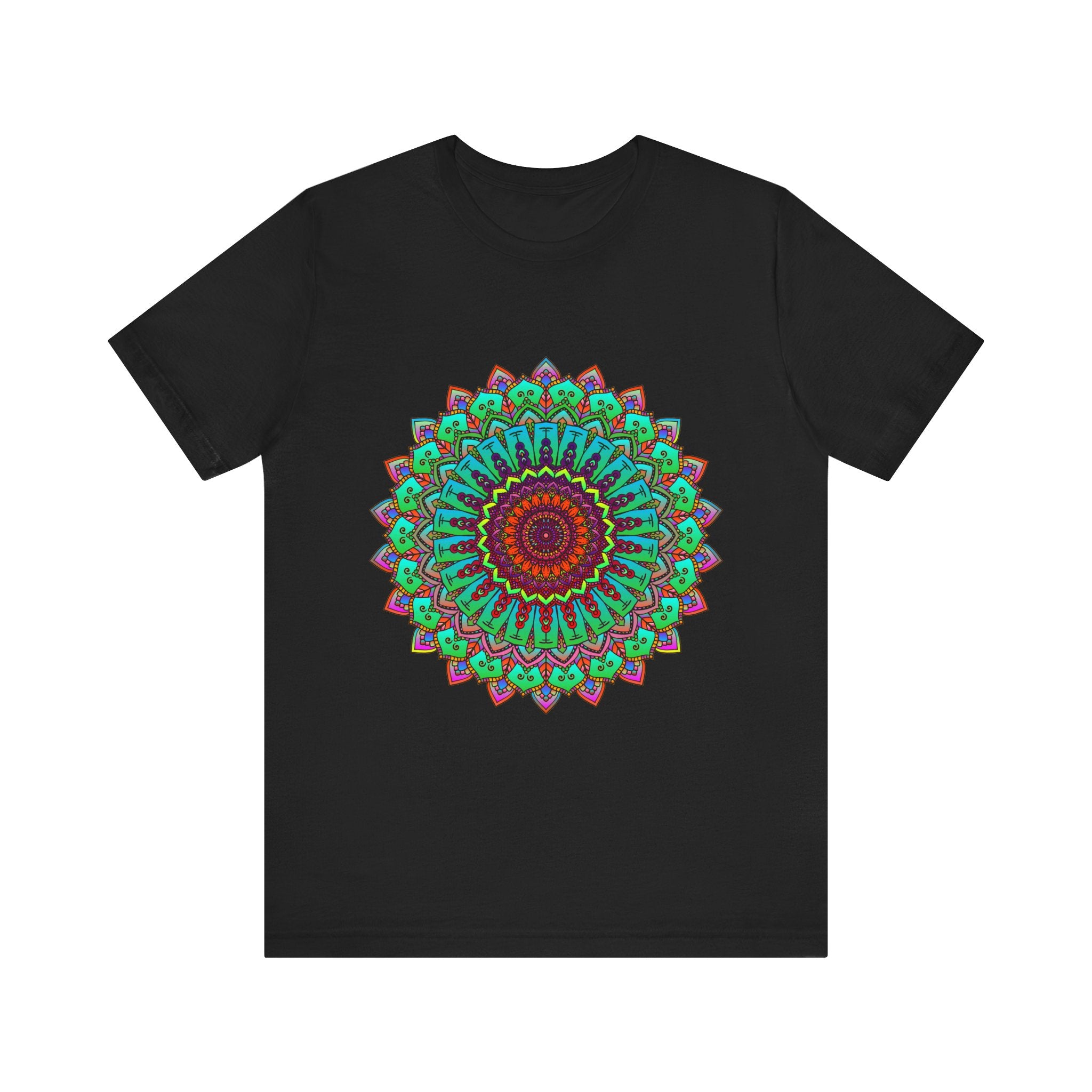 Vibrant Mandala Tee - Colorful Spiritual Art A beautiful, intricately designed t-shirt featuring a striking mandala pattern in bright, vibrant colors, perfect for expressing your spiritual and artistic side