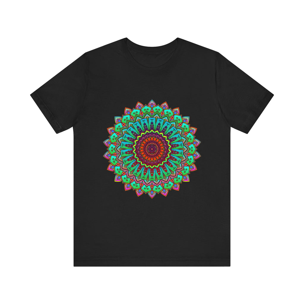 Vibrant Mandala Tee - Colorful Spiritual Art A beautiful, intricately designed t-shirt featuring a striking mandala pattern in bright, vibrant colors, perfect for expressing your spiritual and artistic side