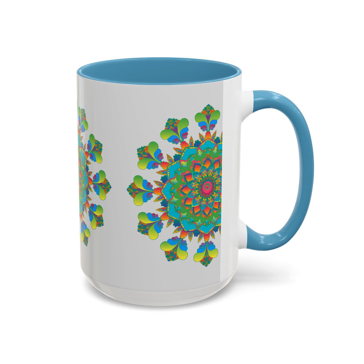 Beautiful mandala art mug with vibrant colors on a grey background