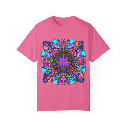 Unisex Mandala T-Shirt featuring hand-drawn mandala art, made from 100% ring-spun cotton and garment-dyed for extra comfort and style