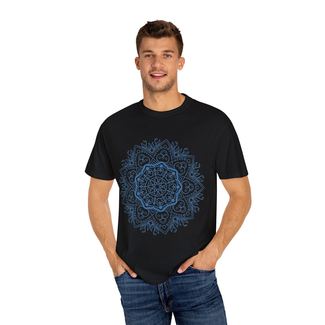 Colorful, intricate handmade mandala art design on a unisex garment-dyed tshirt