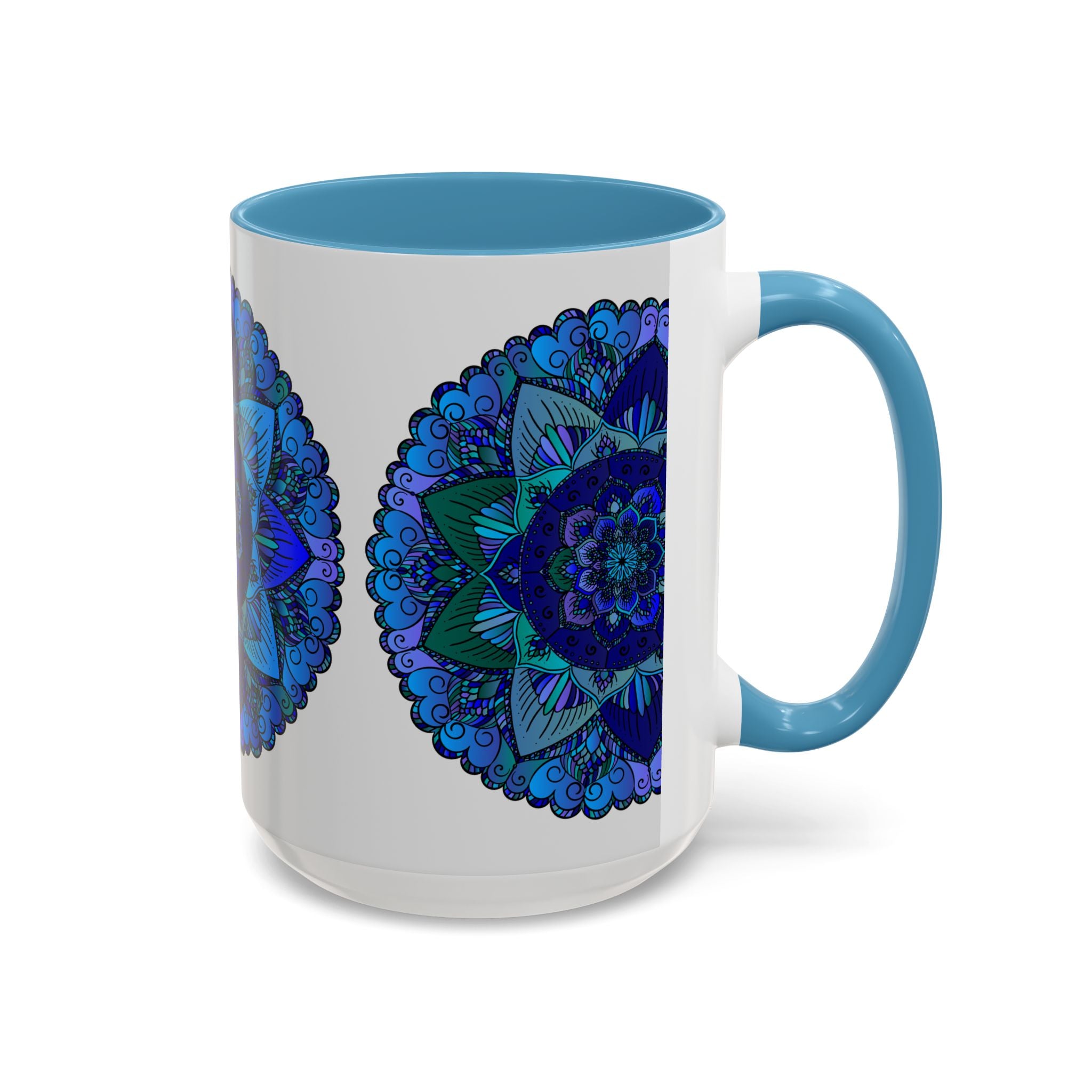 Blue and purple mandala mug featuring intricate bohemian art design