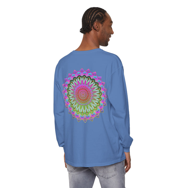 Vibrant Mandala Unisex Long Sleeve T-Shirt featuring intricate, colorful mandala design in red, blue, and yellow on a black background