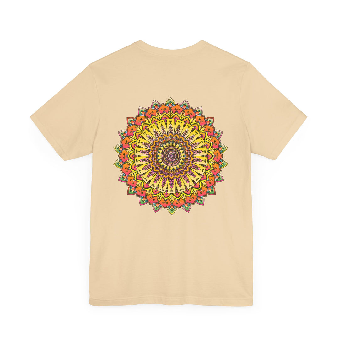 Beautiful and colorful Vibrant Mandala Tee featuring the words 'Peace & Harmony' for a calming and peaceful fashion statement