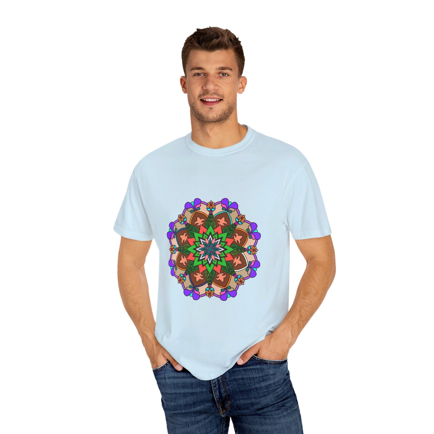 Unisex Mandala T-Shirt made of 100% ring-spun cotton, featuring hand-drawn mandala art and garment-dyed for extra comfort