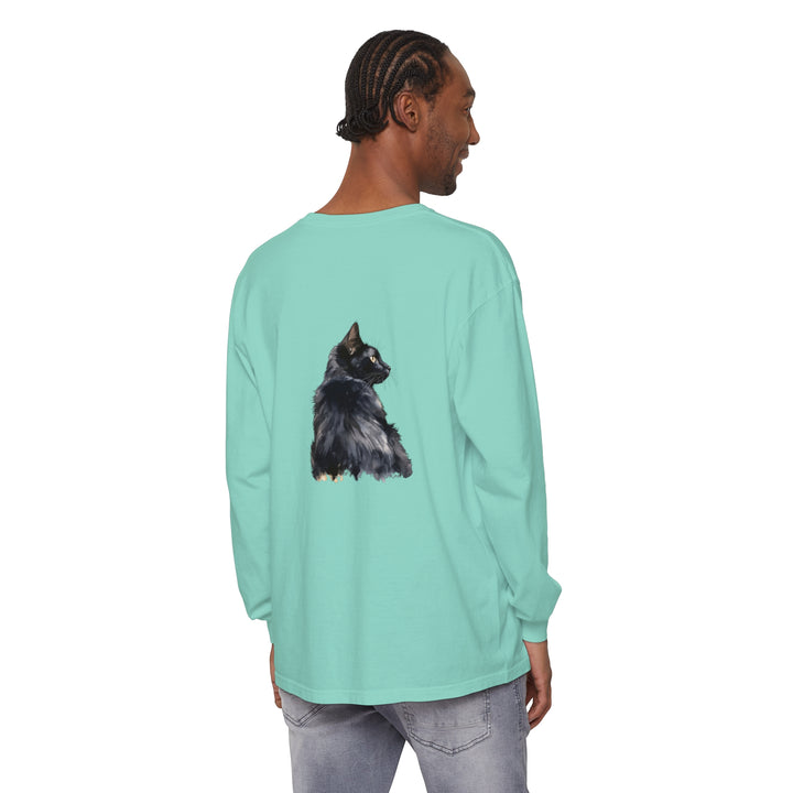 Black Cat Watercolor Long Sleeve T-Shirt featuring a stunning watercolor design of a black cat on a comfortable, long-sleeve shirt