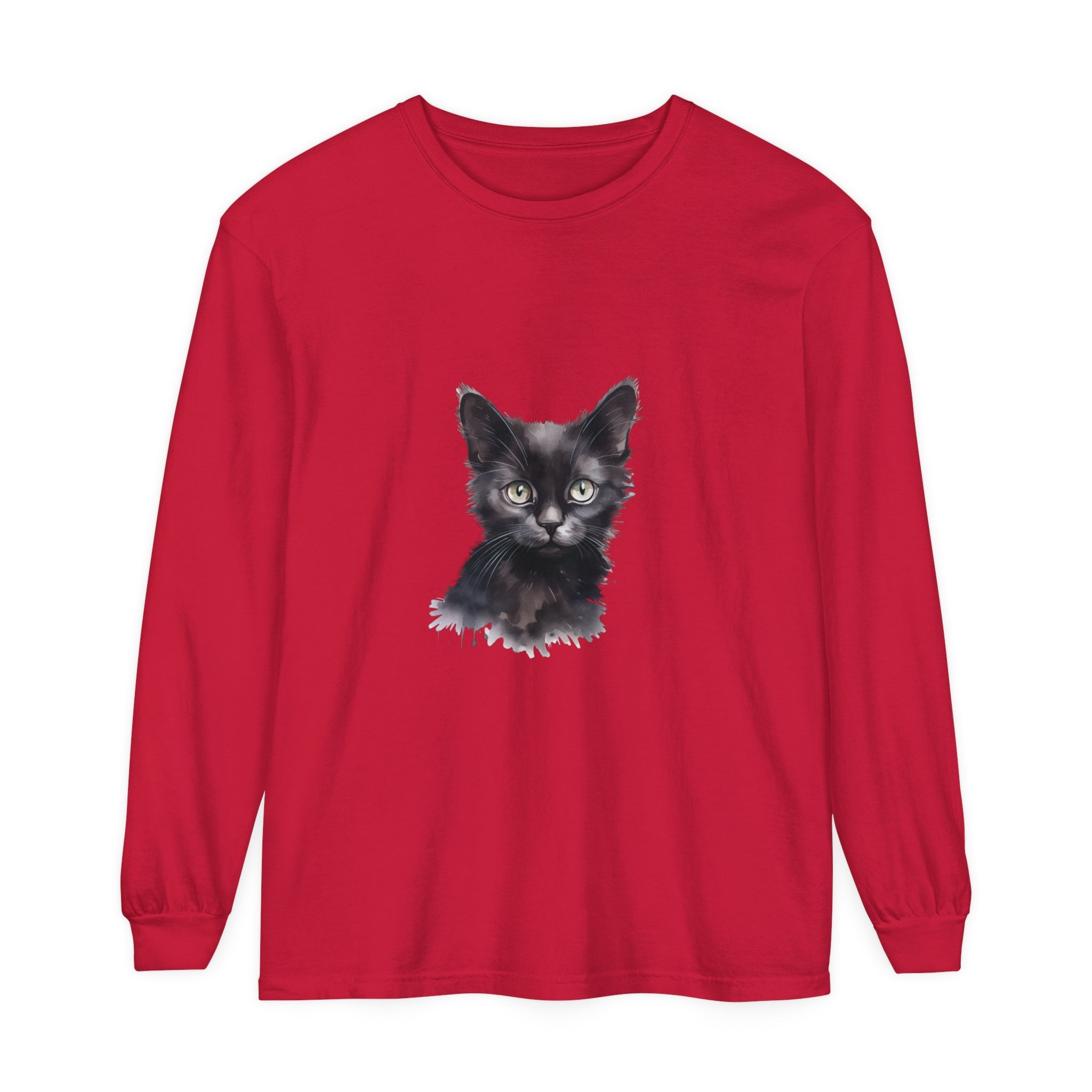 Black Cat Watercolor Long Sleeve T-Shirt - Stylish and artistic cat design on a comfortable, high-quality long sleeve tee