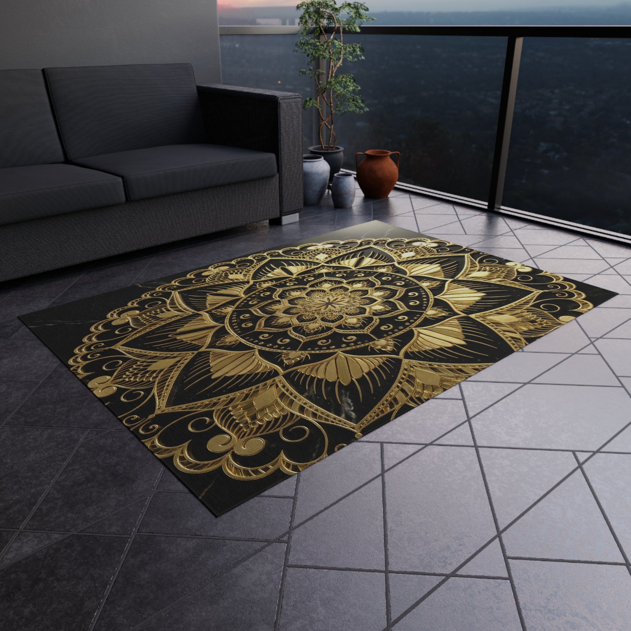 Gold Mandala Outdoor Rug — Boho Patio Mat for Porch, Deck & Garden
