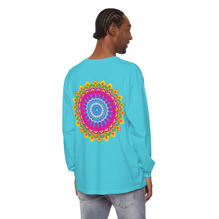 Vibrant Mandala Unisex Long Sleeve T-Shirt featuring intricate, colorful mandala design