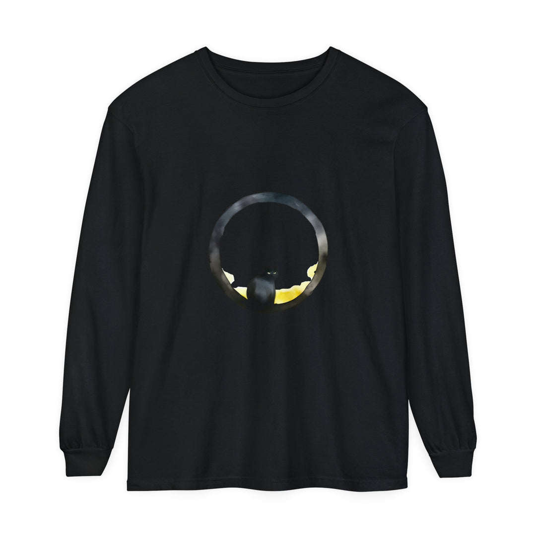 Black Cat Moon Glow Long Sleeve T-Shirt with detailed moon and cat design