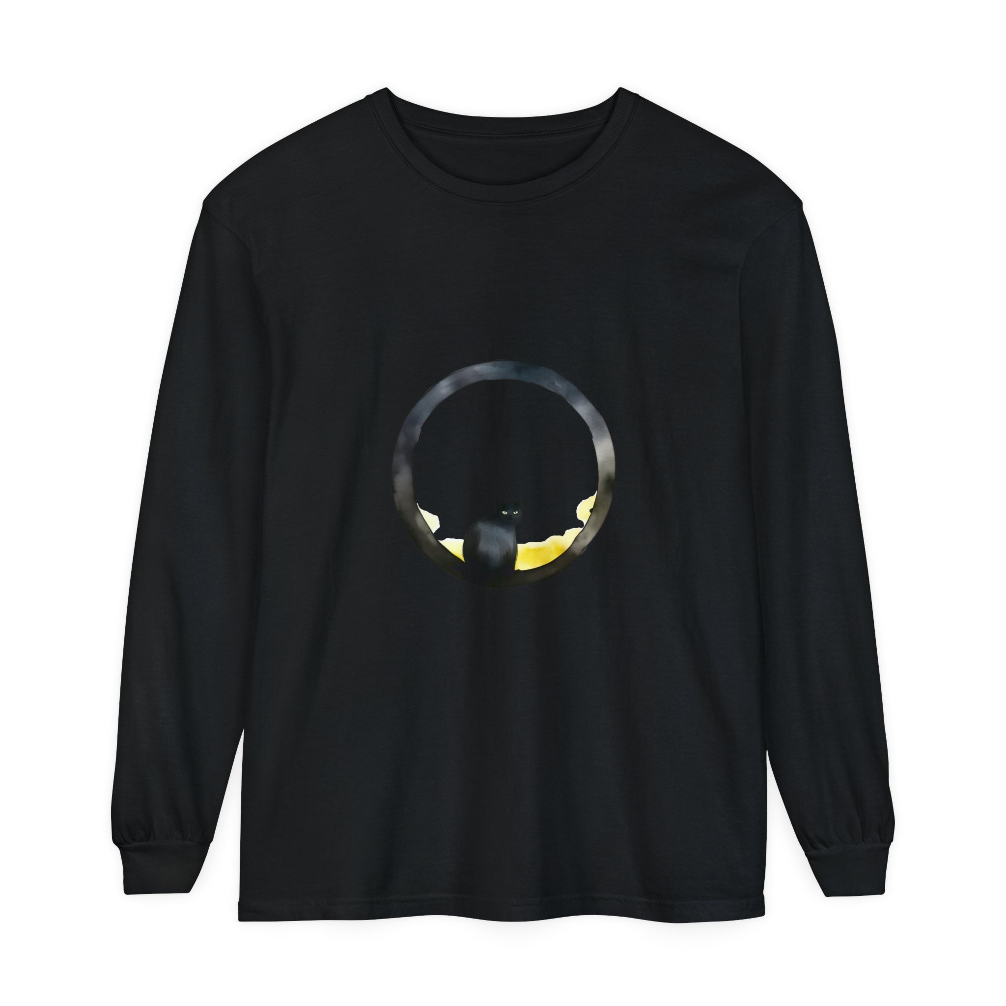 Black Cat Moon Glow Long Sleeve T-Shirt with detailed moon and cat design