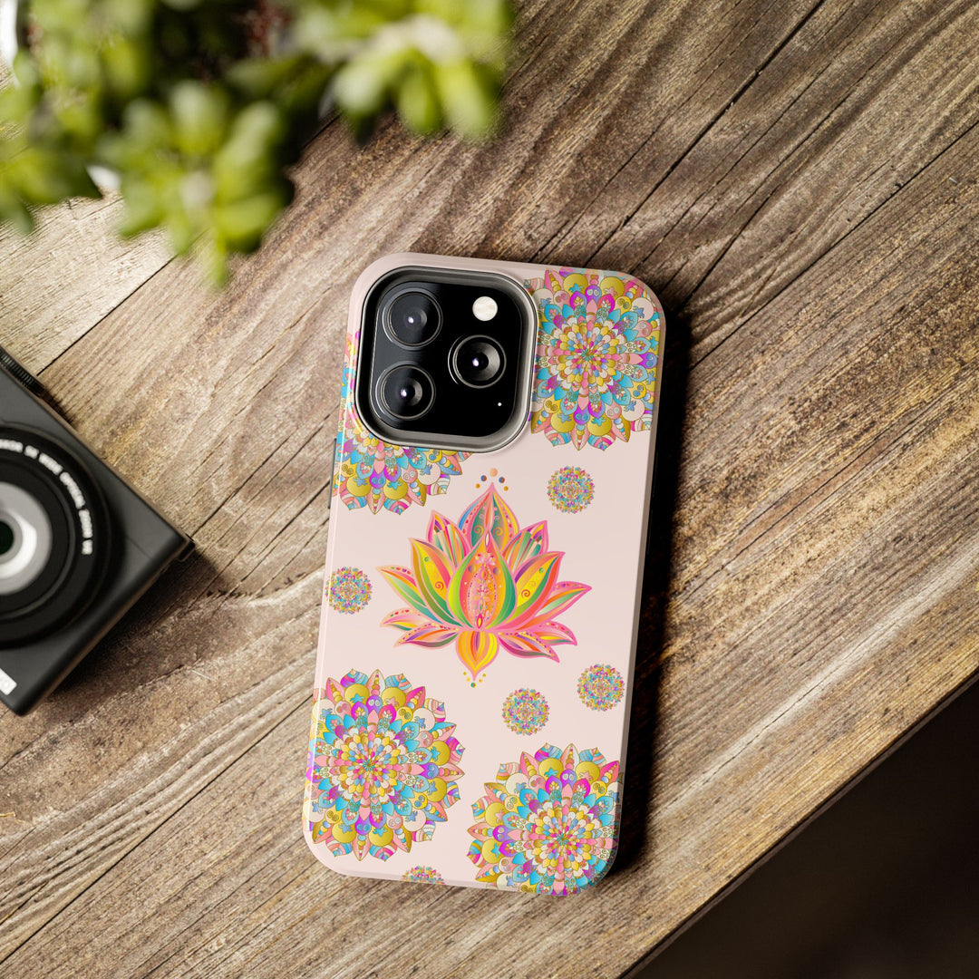 Beautiful light pink phone case with intricate lotus flower mandala design