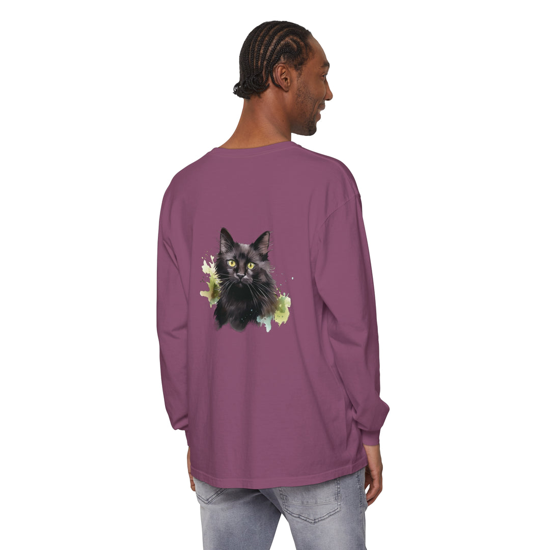 Black Cat Watercolor Splash Long Sleeve T-Shirt with vibrant feline design